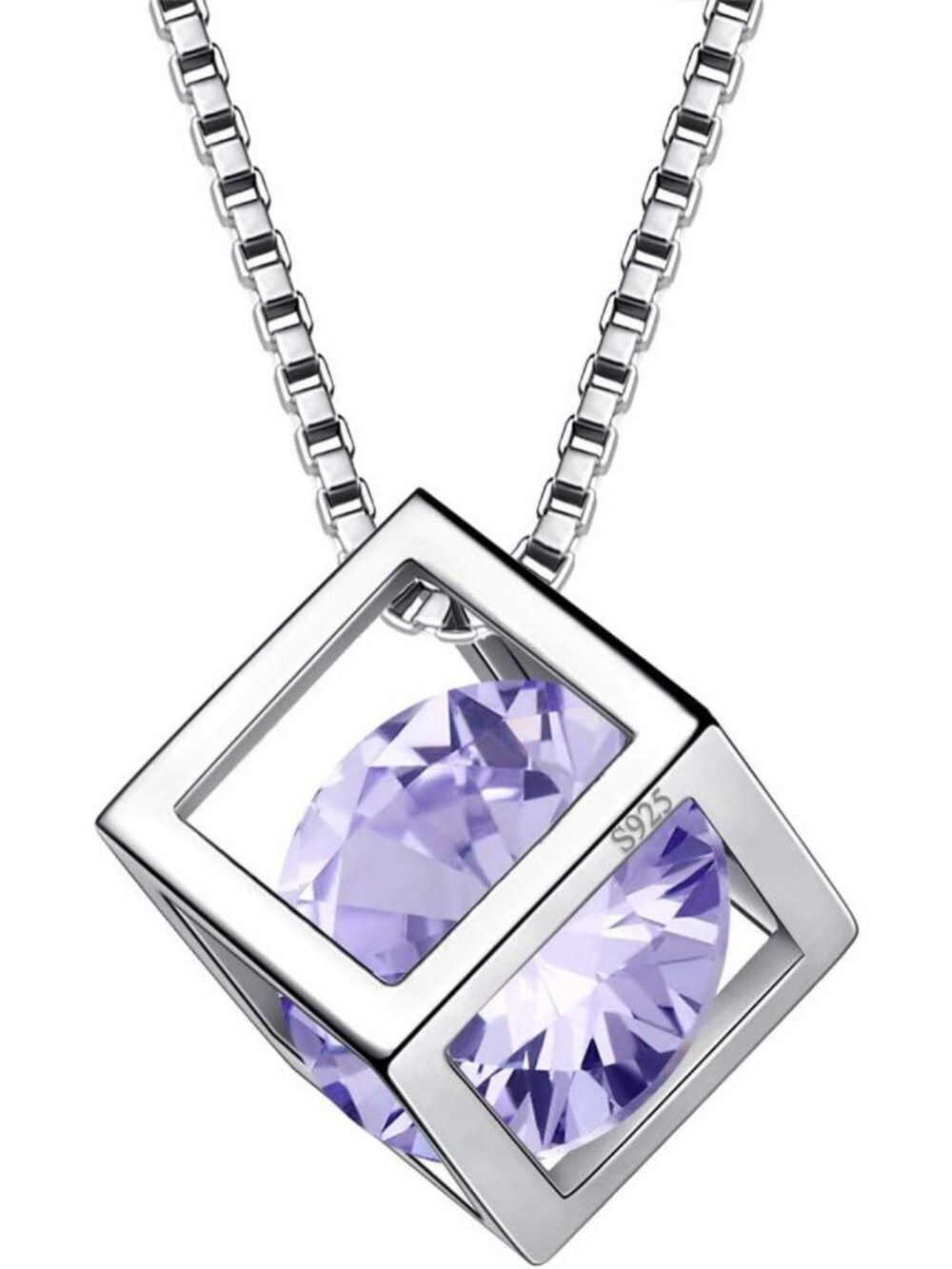 Sterling Silver Birthstone Necklace & Earring Set - 3D Cube, Crescent Moon